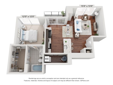 Floor plan for 1 bed, 1 bath, 740 sqft